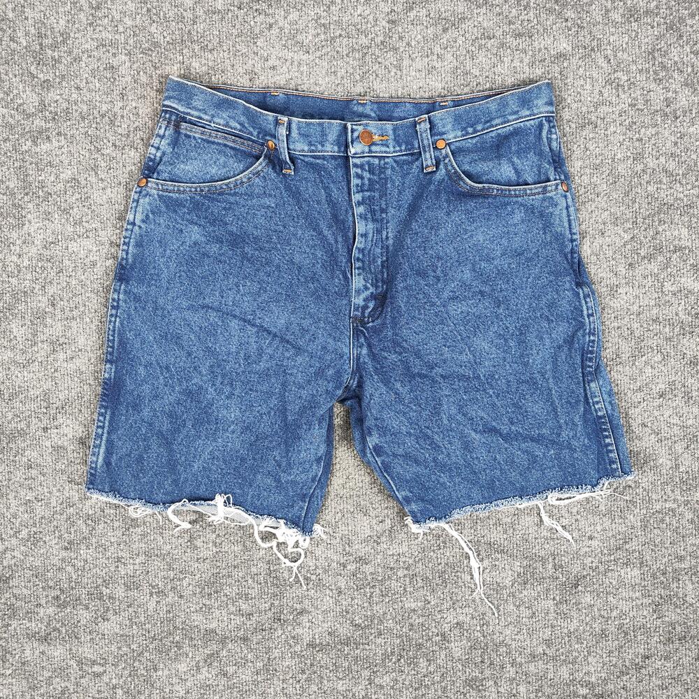 Wrangler Shorts Mens 34 Blue Acid Wash Denim Cutoff Frayed Hem Casual Bermuda